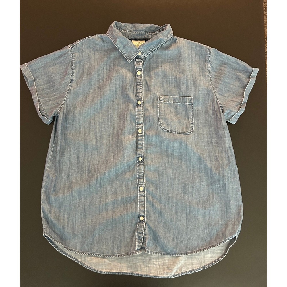 St Johns Bay Blue Lyocell Chambray Short Sleeve Button Down Shirt Large (1443)